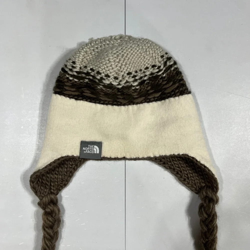 North Face Gorpcore Brown Wool Fair Isle Knit Trapper Beanie Hat Fleece Unisex